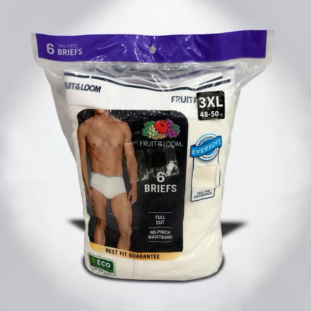 Fruit of the Loom Briefs Full Cut Mens 3XL 48-50 In White 6 Pack Cotton No Pinch